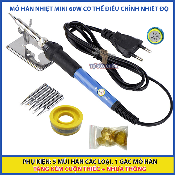 Mỏ hàn nhiệt Soldering IRON 60W tặng kèm nhựa thông và cuộn thiếc, có thể tăng giảm nhiệt độ bằng một thao tác vặn nút (combo thiếc, nhựa thông, 5 mũi hàn , kệ hàn)