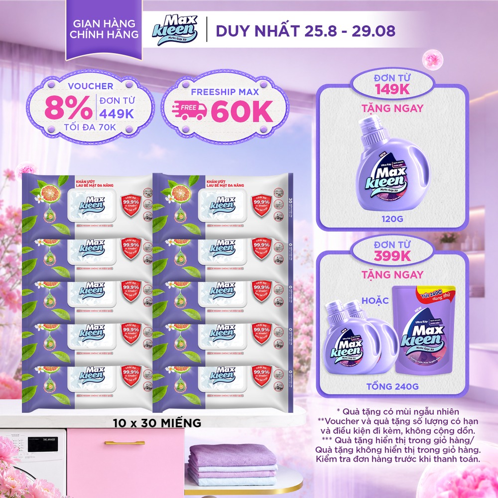 Combo 10 gói Khăn Ướt Lau Bề Mặt Đa Năng MaxKleen 30 Miếng/gói