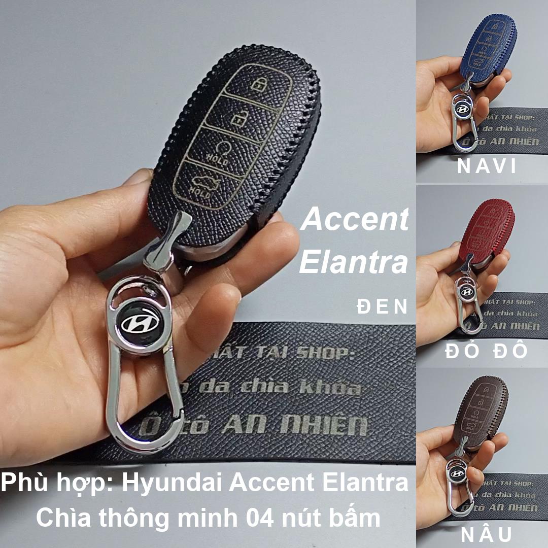 Bao da móc khoá bọc ốp chìa khoá xe ô tô Hyundai Accent 2021 2022 2023 4 nút bấm, da bò, nhiều màu, 