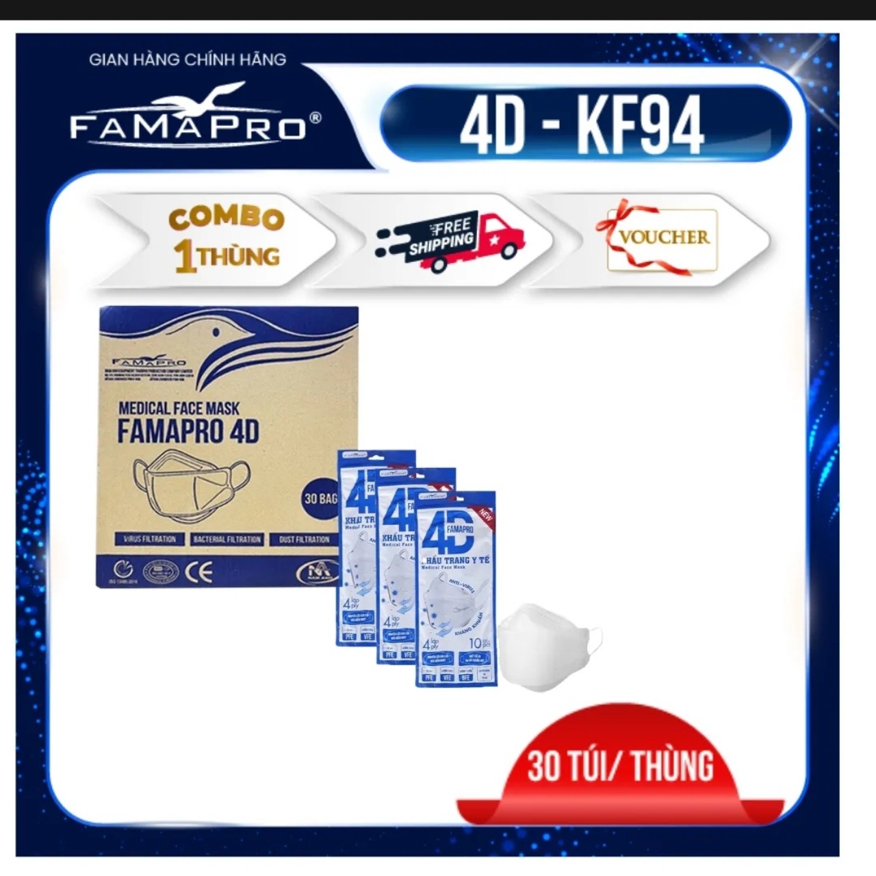 Thùng 30 túi khẩu trang y tế cao cấp kháng khuẩn 4 lớp famapro 4d kf94 dạng túi