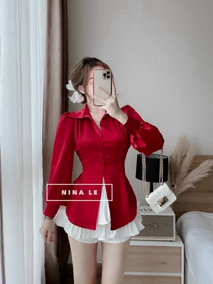 Áo sơ mi kiểu, phối nơ cột eo sau lưng cực xinh