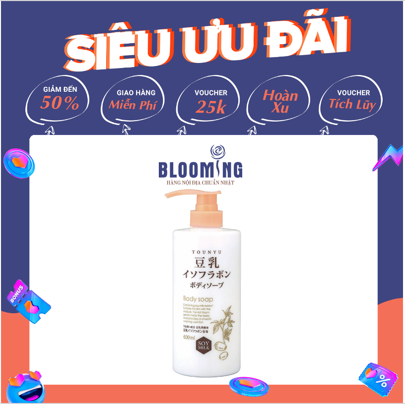Sữa Tắm Trắng Da Dưỡng Ẩm Đậu Nành Lên Men TOUNYU Chính Hãng Bông Vàng (600ml) Bán Chạy Nhất Nhật Bản, Cải Tạo Tích Cực Làn Da Sau 7 Tuần