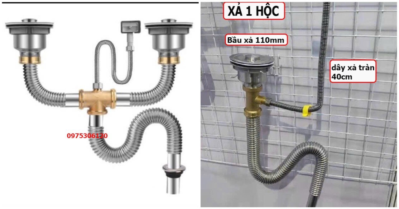 Xi phông, ống thoát nước bồn rửa chén inox bầu xả 110mm, hệ thống thoát nước nhà bếp đôi. 2 hộc chậu sát nhau chậu dài 82x45cm