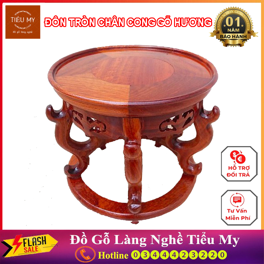 Đế tròn - Đôn tròn chân cong, Chất Liệu Gỗ Hương Cao Cấp, Mặt Đế Đường Kính 22cm cao 18cm, Đế để kê Tượng - Bình bông - chậu cảnh đồ vật phong thuỷ