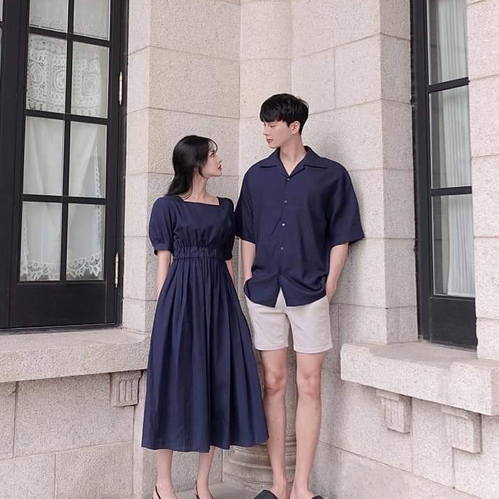 Đồ đôi nam nữ Áo đôi đẹp Váy dài và sơ mi ngắn tay cổ chữ V Hàn Quốc xanh than chụp ảnh cưới du lịch AV97