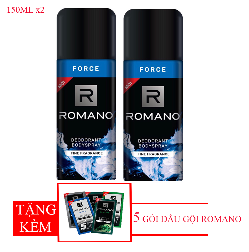 Combo 2 chai xịt khử mùi toàn thân cho nam Romano Force 150ml/chai +Tặng kèm 5 gói dầu gội Romano