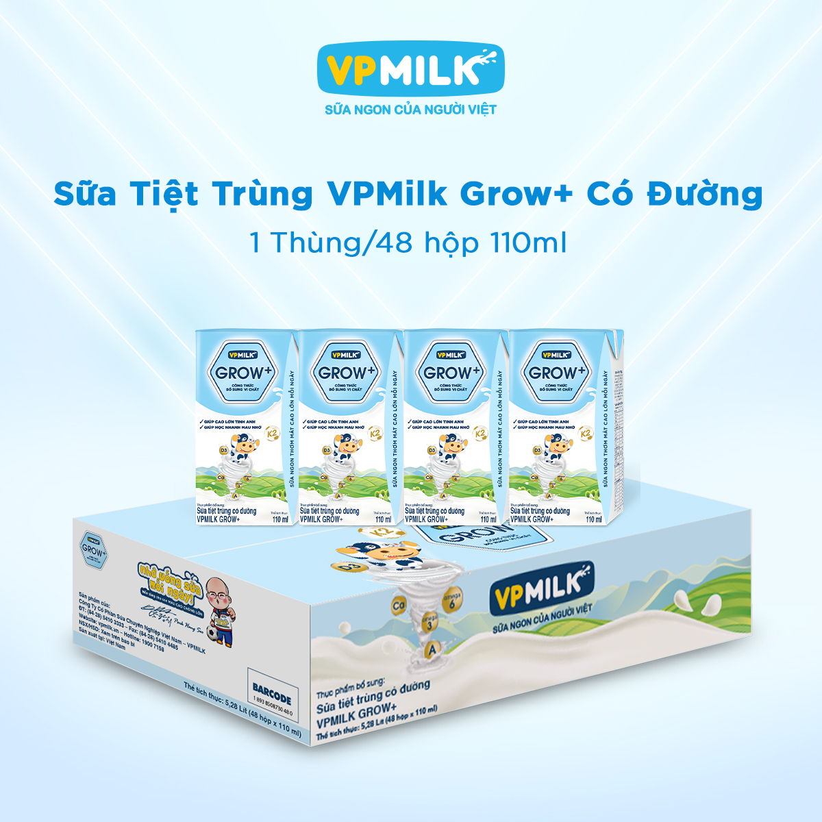 [Thùng 48 Hộp 110ml] Sữa Tiệt Trùng VPMilk Grow+ Có Đường Cho Bé Từ 1 Tuổi