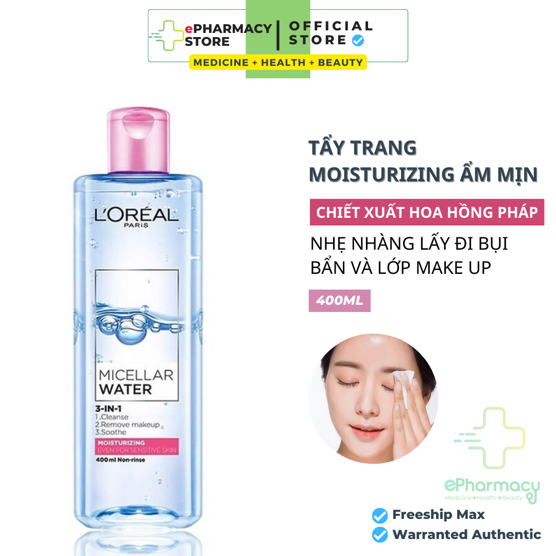 Nước tẩy trang LOreal Moisturizing HỒNG dưỡng ẩm cho da nhạy cảm - LOreal Paris 3-in-1 Micellar Wate