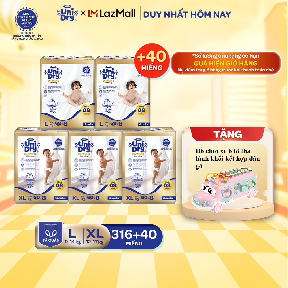   Siêu mỏng 2mm  Combo 5 Tã quần UniDry Supreme size M L XL XXL + 8 miếng 