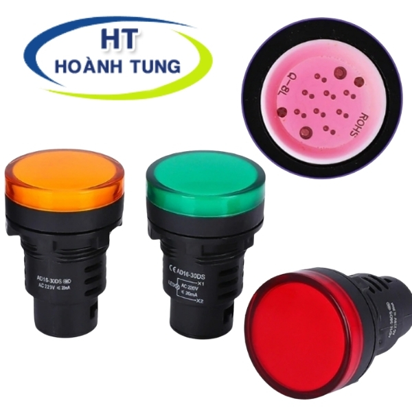 Đèn led AD16-30DS báo pha phi 30mm điện áp 220VAC 3 màu đỏ, xanh lá, màu vàng