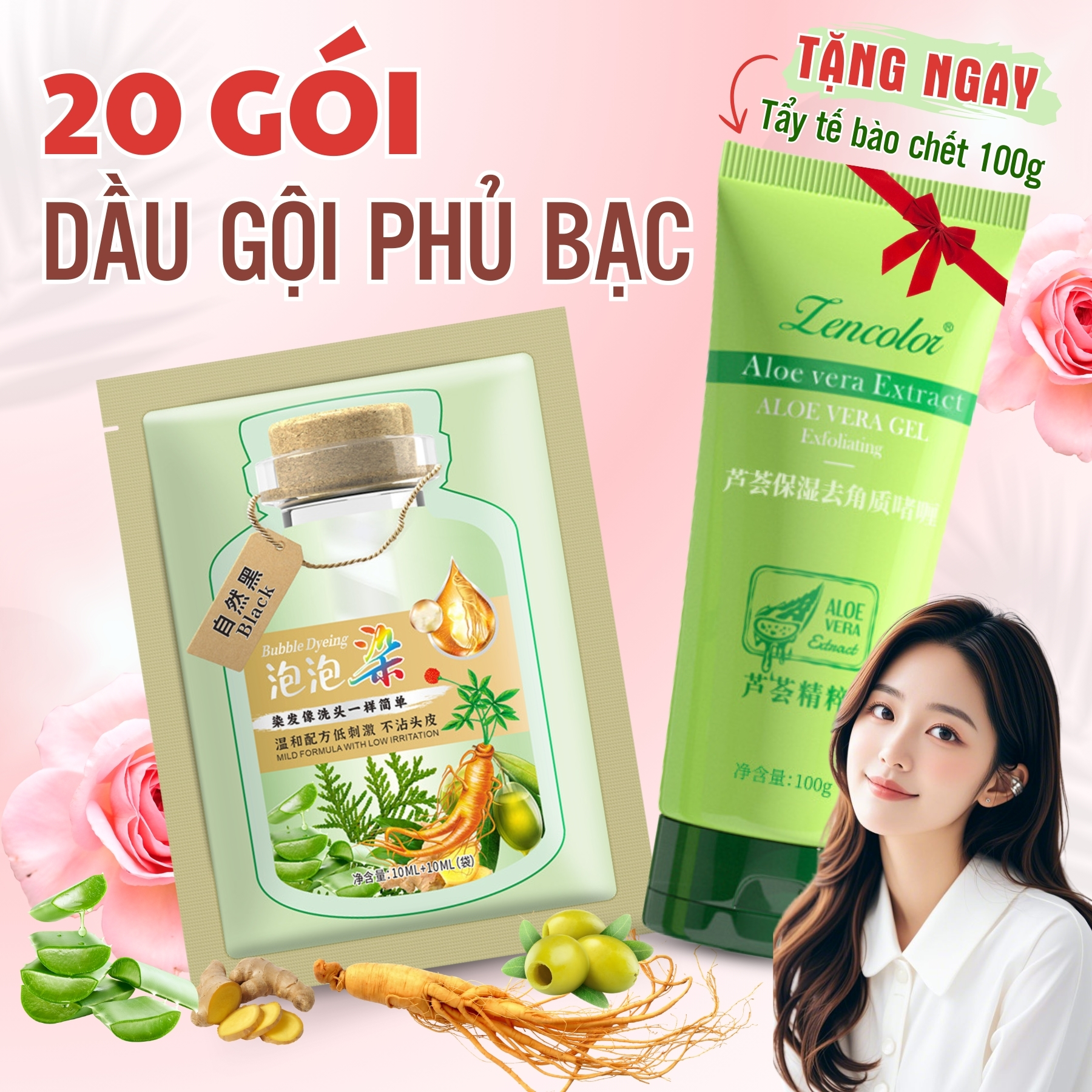 Combo 20 Gói Dầu Gội Nhuộm Tóc Thảo Dược Lên Màu Đẹp Chuẩn Salon Tặng 2 Bộ Dụng Cụ Nhuộm Và Tẩy Da Chết Lencolor Chiết Xuất Nha Đam