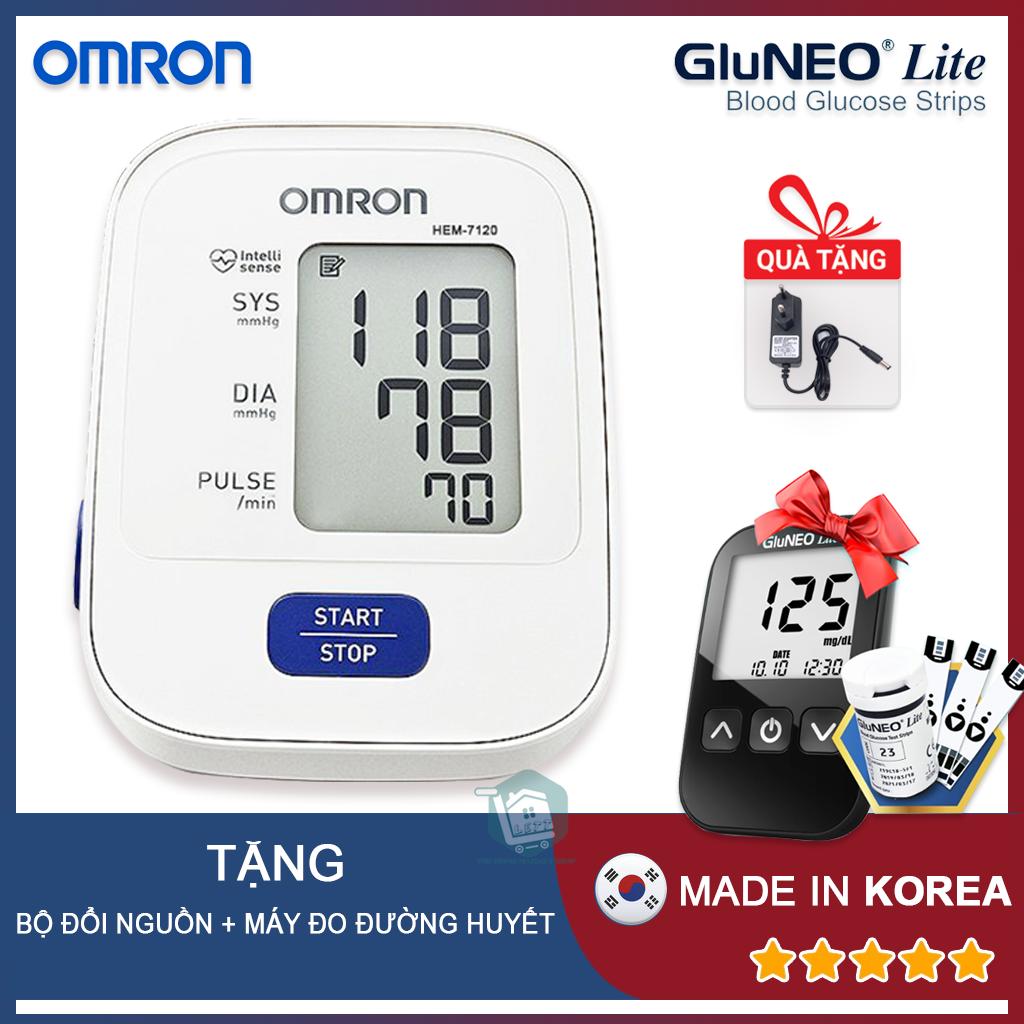 Máy đo huyết áp bắp tay Omron HEM-7120 + Tặng bộ đổi nguồn (OEM) + Tặng máy đo đường huyết Gluneo Lite Hàn Quốc