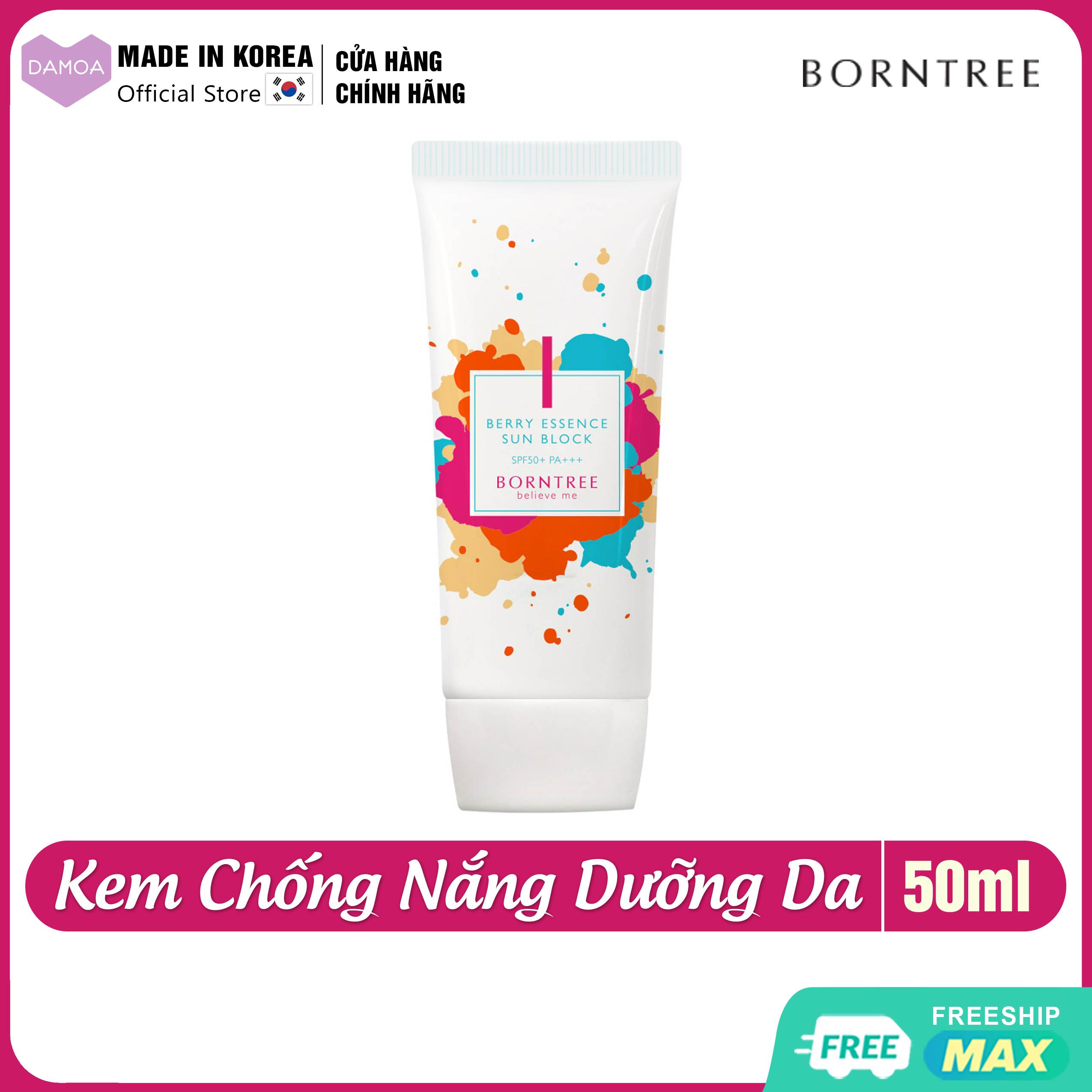 Kem chống nắng SPF50+ PA+++ Borntree Berry Essence Sun Block Korea - Siêu dưỡng da ẩm mượt, Căng sáng Hàn Quốc (50ml)