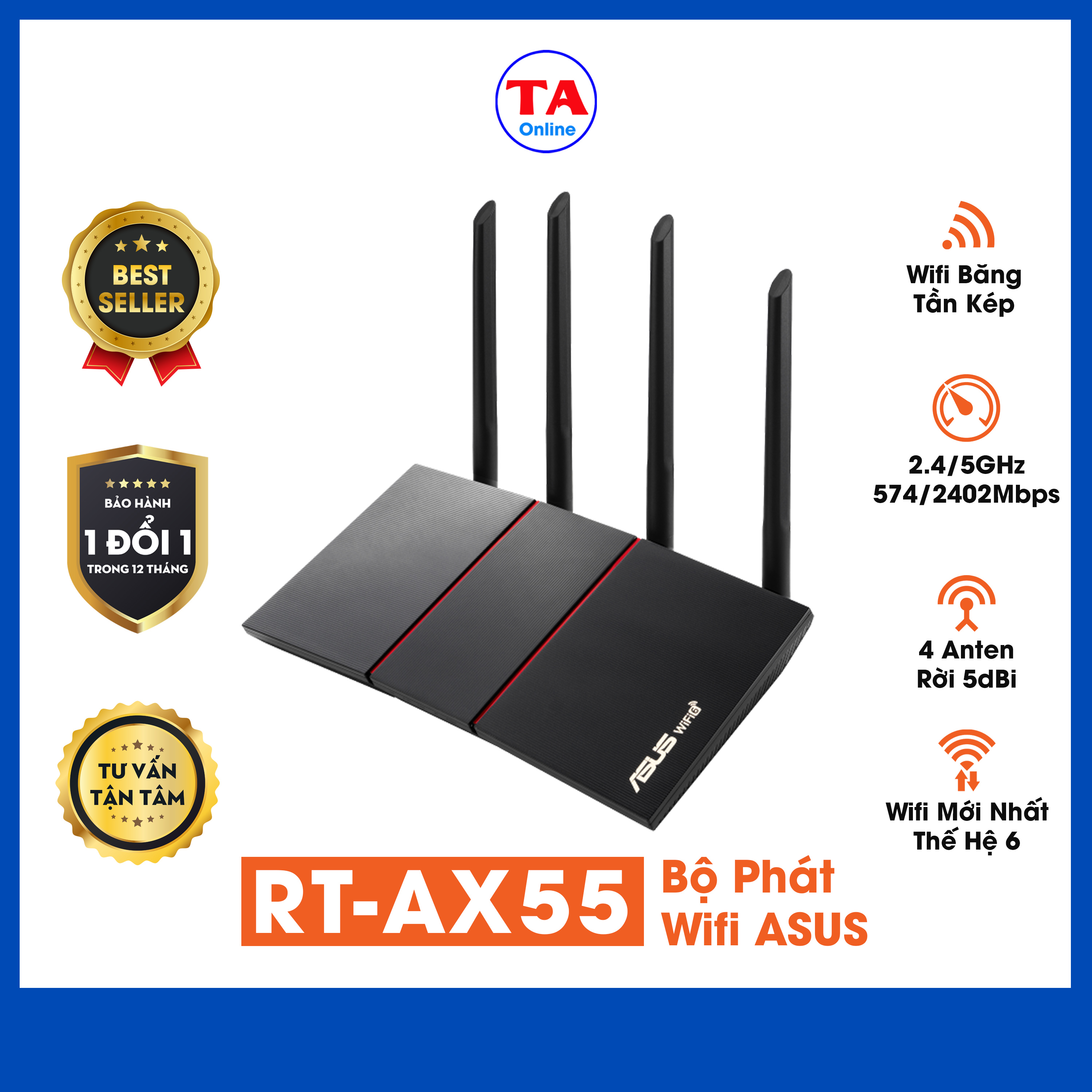 Router Wifi ASUS RT-AX55 Băng Tầng Kép Chuẩn AX1800 Chíp Xử Lý Quad