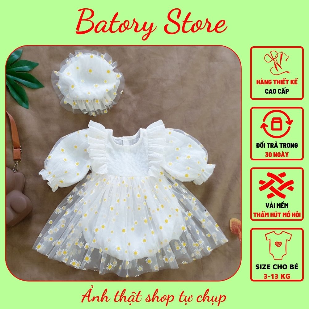 Đồ Body Cho Bé Gái Sơ Sinh 1 Tuổi Bodysuit Áo Liền Quần Màu Trắng Phối Voan Hoa Cúc Họa Mi TẶNG KÈM Nón Tay Dài Set Đầy Tháng Thôi Nôi Sinh Nhật Đầm Trẻ Em Thiết Kế Cao Cấp Chất liệu siêu mềm mát và an toàn| BATORY Store