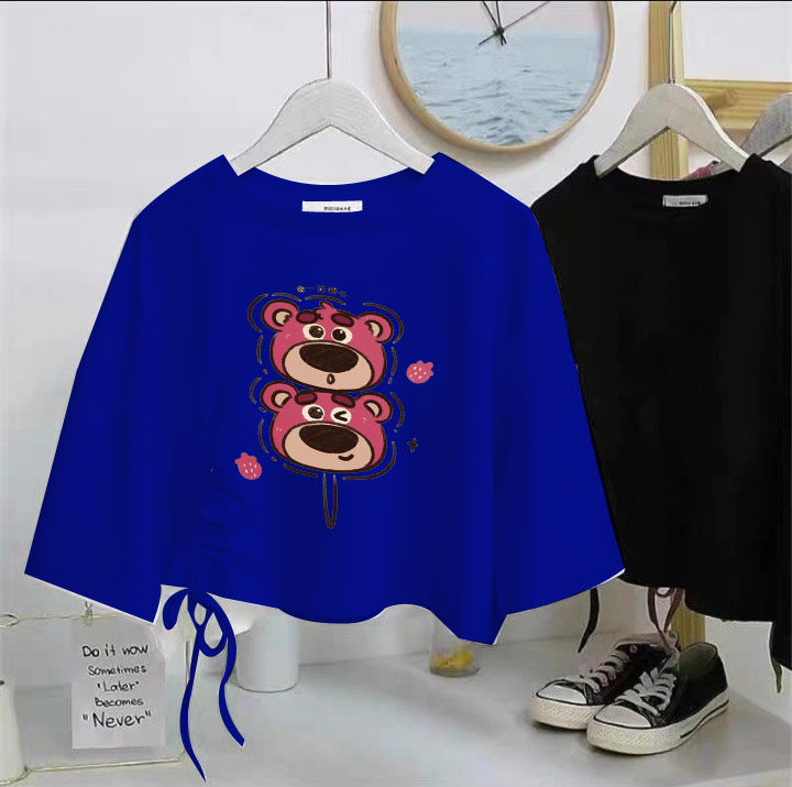 Áo croptop rút dây gấu dâu xiên cho bé gái chất cotton size từ 9 đến 65kg PHƯƠNG THÁI