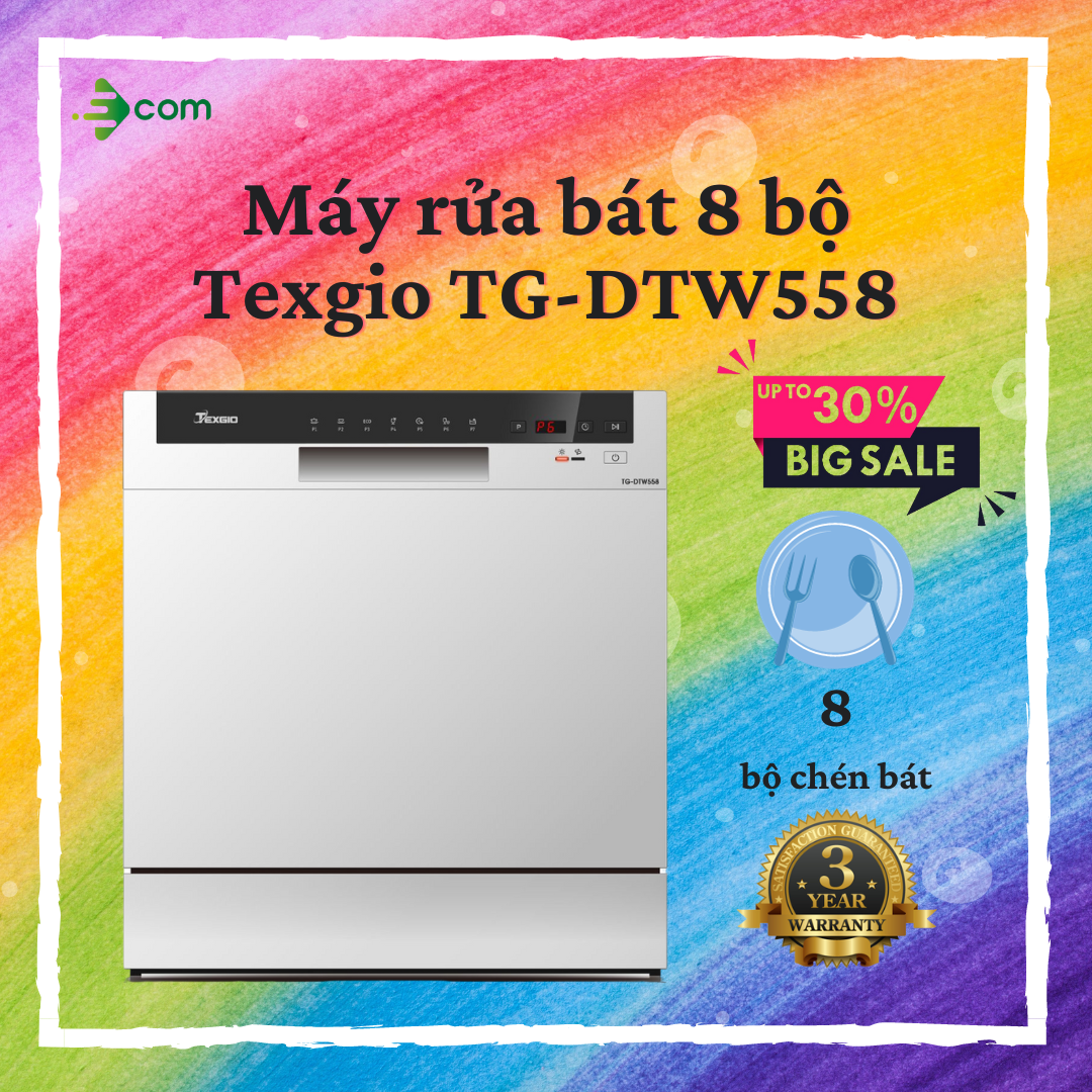 Máy rửa chén bát Texgio TG-DTW558 - 8 bộ tự vệ sinh máy, hàng chính hãng, bảo hành 5 năm