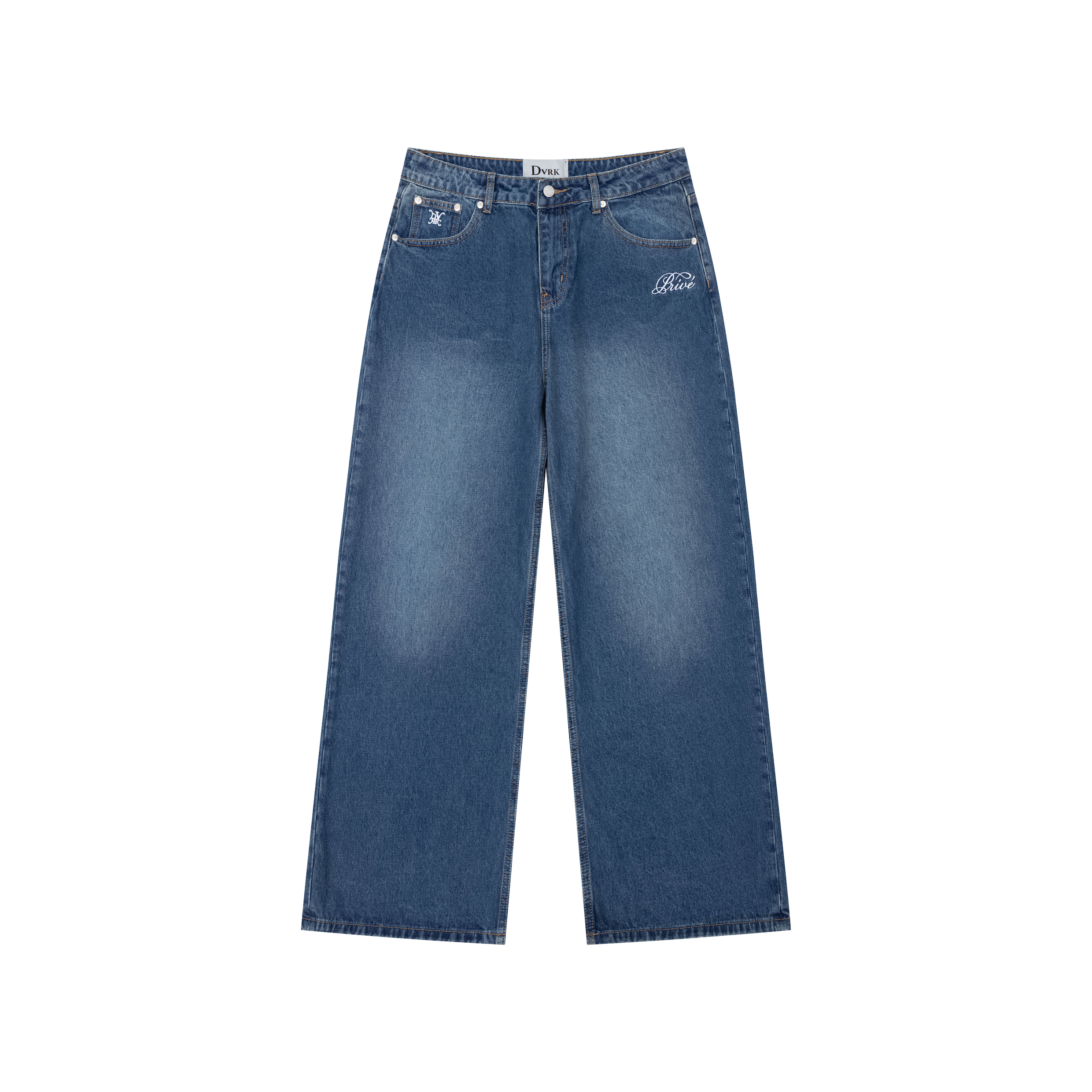 Dvrk - quần jeans ống rộng màu xanh đậm thêu logo privé - dvrk - 24ss