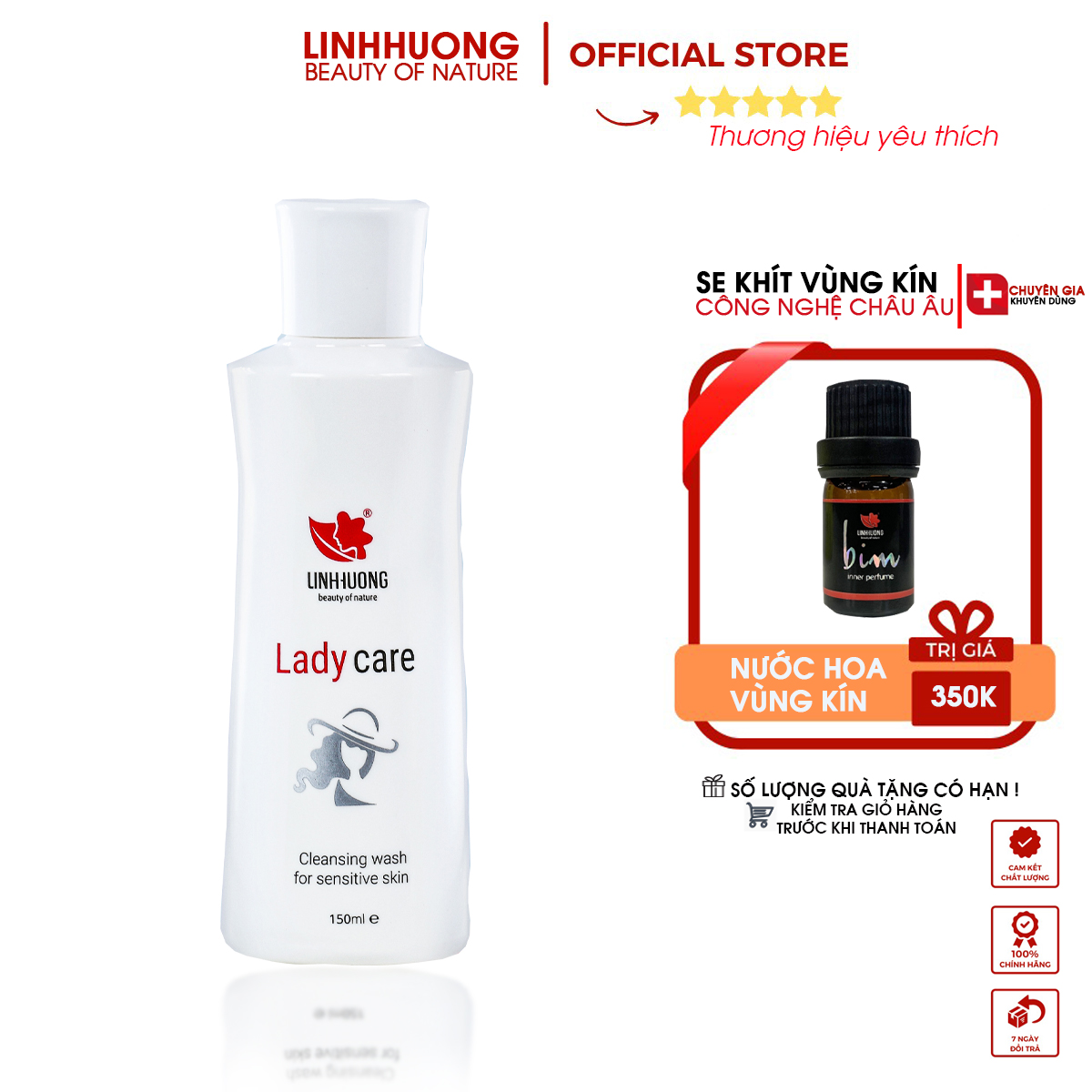 Dung dịch vệ sinh, Lady Care Linh Hương Dung dịch vệ sinh phụ nữ làm hồng hết thâm vùng kín se khít cô bé giảm ngứa cân bằng độ PH cô bé ngăn ngừa các vấn đề phụ khoa 150ml