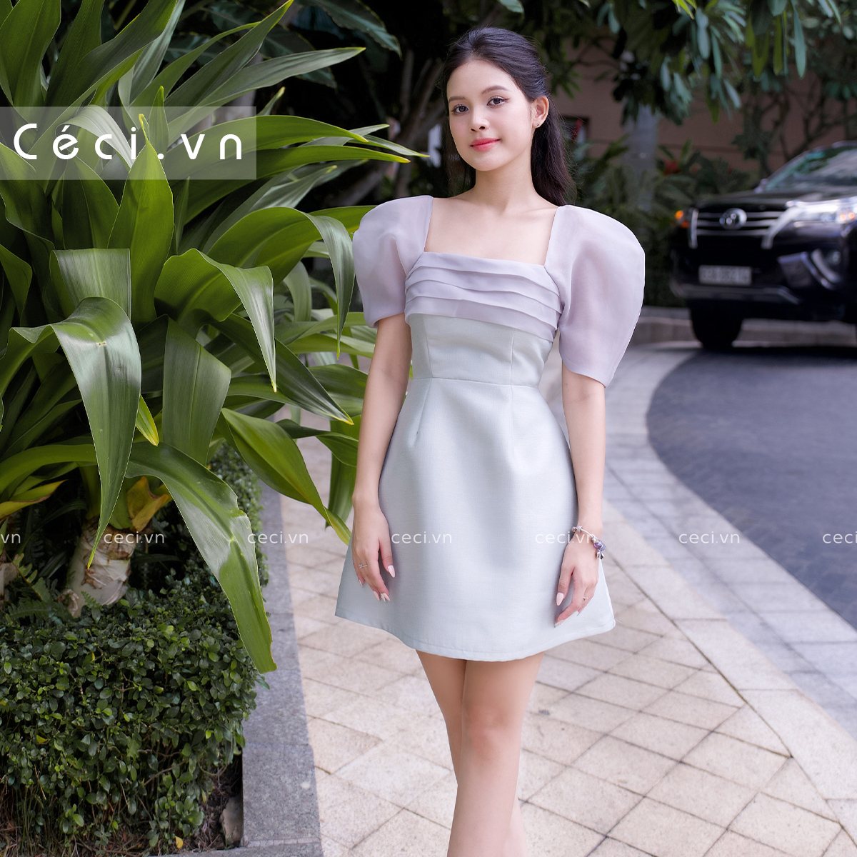 Rosie Dress - Đầm cổ vuông phối tay organza, xếp ly ngực, dáng chữ A, Céci Store.