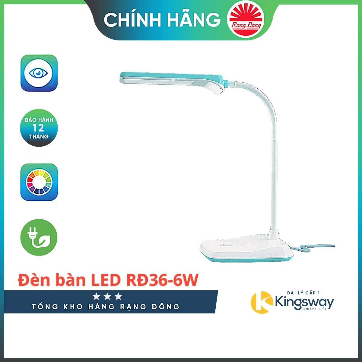 Đèn bàn Rạng Đông Bóng Led Cao Cấp Cảm ứng DIM CCT RD-RL-36.LED Nhiều Chế Độ Ánh Sáng