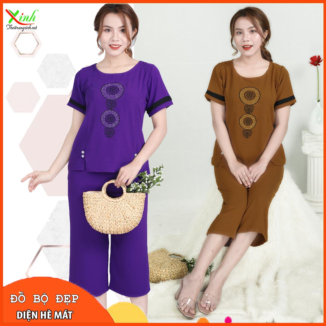 Đồ bộ trung niên Ống rộng lỡ cho mẹ mặc nhà chất đũi thêu đồng tiền DT.01