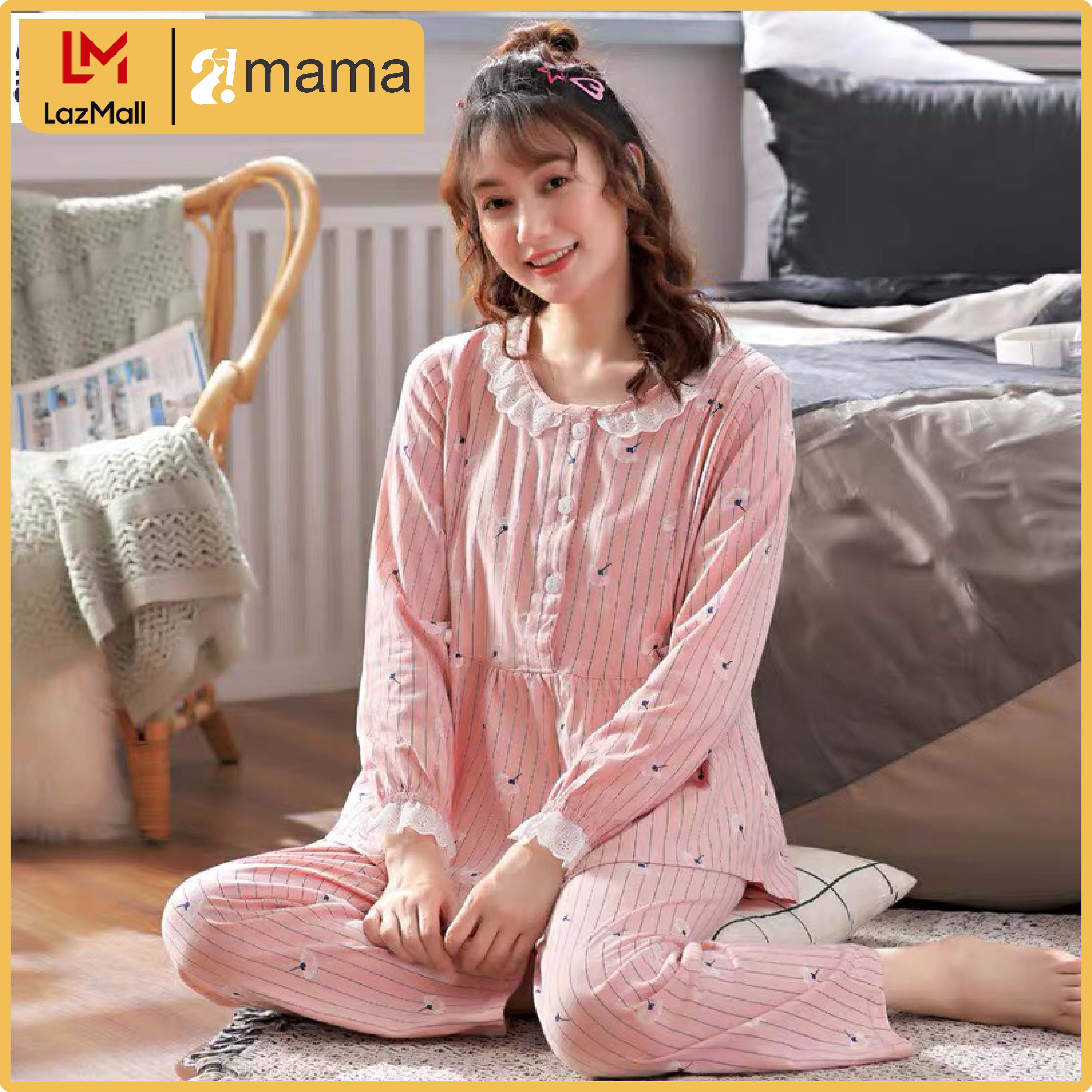 Đồ bộ bầu và sau sinh dài tay kẻ sọc karo bèo nơ cho con bú chất mát pizama mềm mịn V62