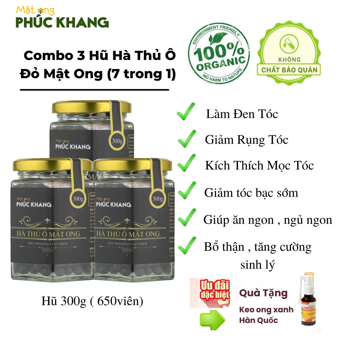 Combo 3 hũ Hà thủ ô đỏ mật ong rừng cao cấp Phúc Khang (7 trong 1) -Tặng bình nước 500ml  - Làm đen tóc, dưỡng tóc chắc khỏe- Giảm rụng tóc , tóc bạc sớm , kích thích mọc tóc , mọc râu- giúp ngủ ngon , giảm stress , căng thẳng