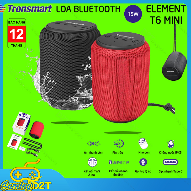 Loa Bluetooth Tronsmart Elenment T6 Mini chính hãng – âm thanh vòng 360 với công suất 15W bluetooth 5.0 kháng nước IPX6 nghe nhạc 24 giờ