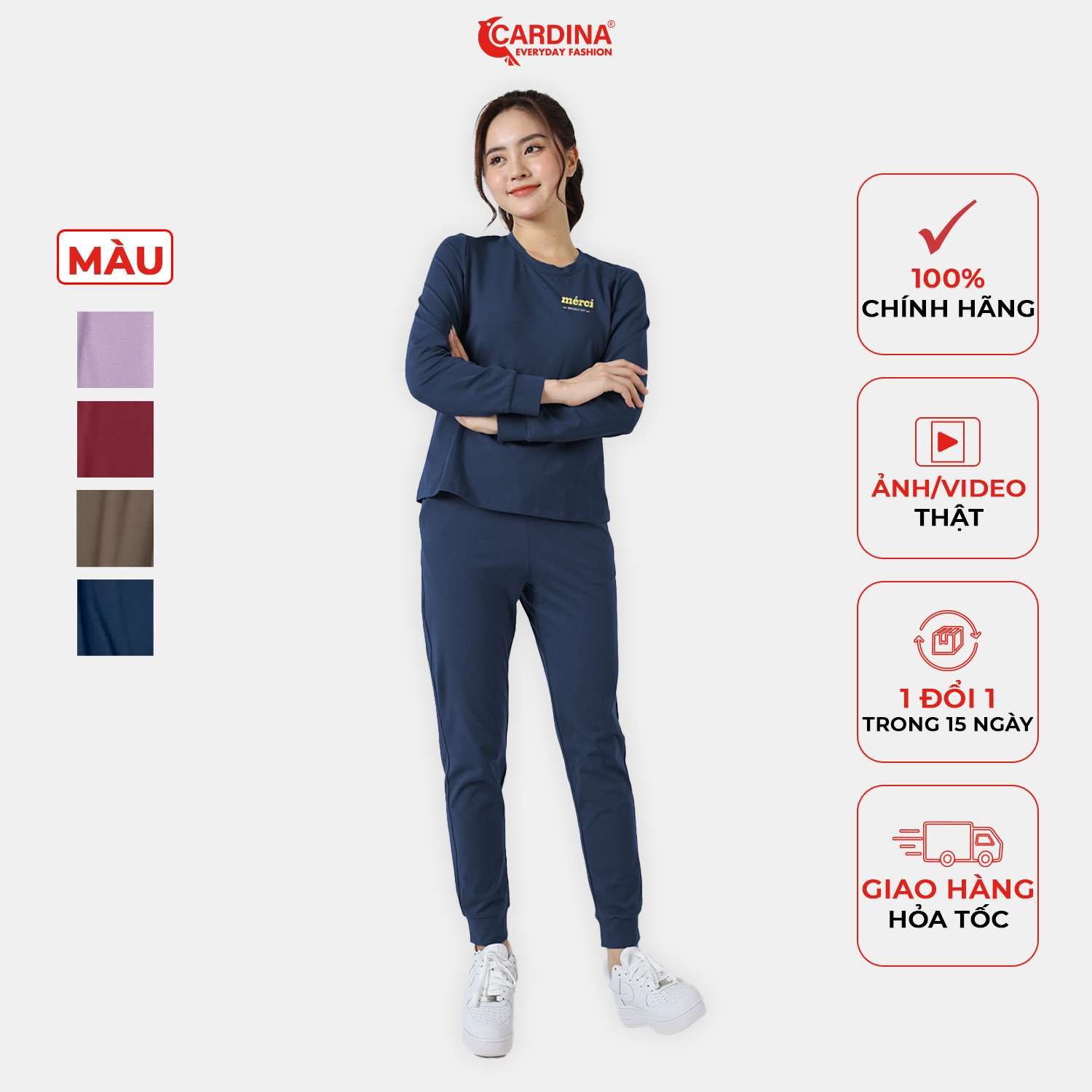 Bộ Thu Đông Nữ CARDINA Chất Cotton Cao Cấp Áo Dài Quần Dài Suông Dáng Thể Thao Năng Động 2BTF03