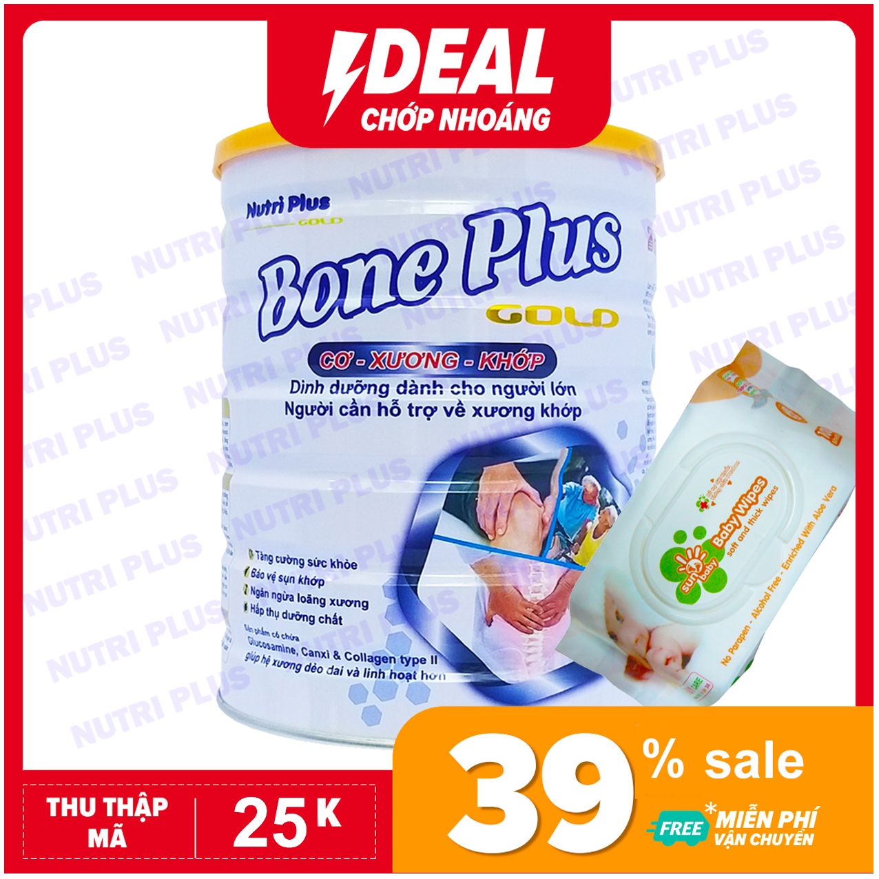 [TẶNG 1 BỊCH KHĂN ƯỚT 100 TỜ SUNBABY] Sữa bột BONE PLUS dành cho người lớn tuổi, tăng cường cơ xương khớp NUTRI PLUS GOLD- 900G -Không dành cho trẻ dưới 2 tuổi