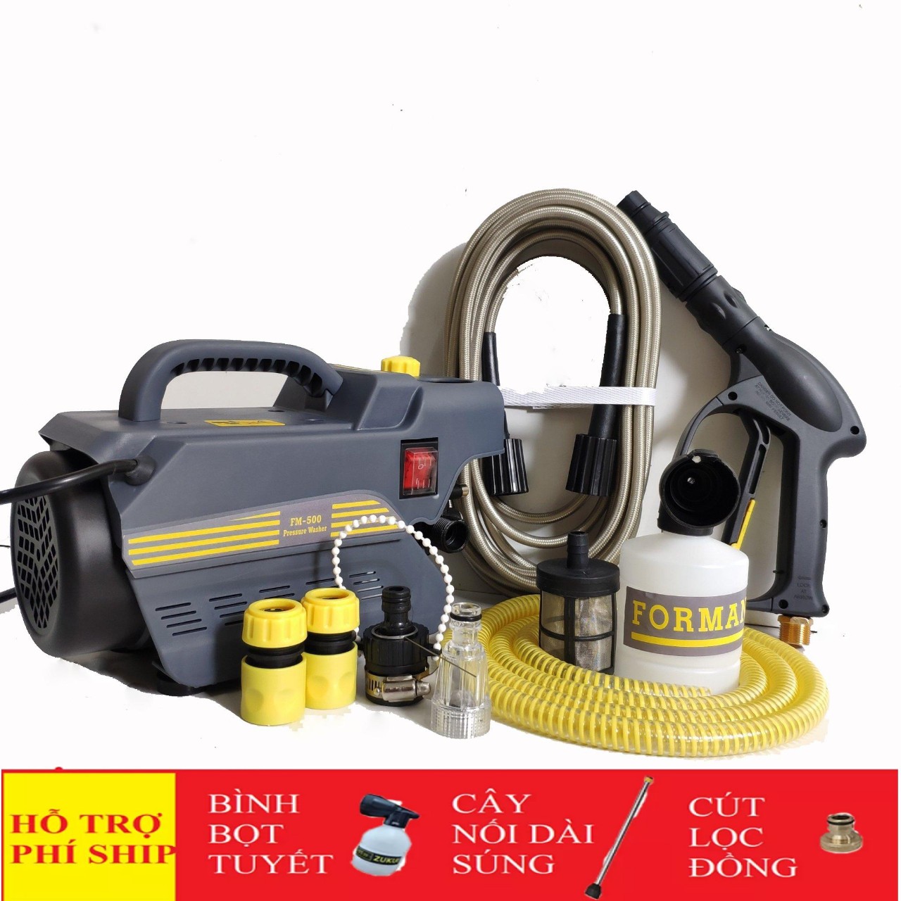 Máy rửa xe forman fm-500 - 2400w - có chức năng chỉnh áp - tặng kèm khớp nối nhanh bằng đồng bình bọt tuyết