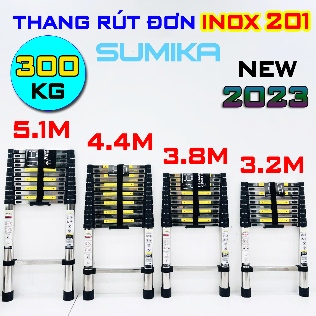 Thang rút đơn INOX chính hãng Sumika NEW 2023 chiều cao  T320 (3.2m), T380 (3.8m), T440 (4.4m), T510 (5.1m)  bảo hành 2 năm, thang thợ điện, thang điện lạnh, thanh gia đình, thang rút inox đơn