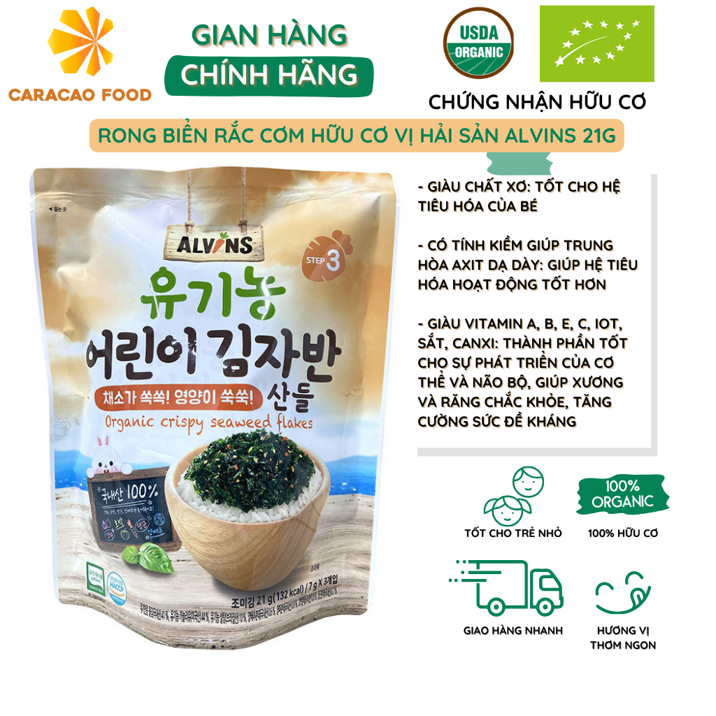 Rong biển rắc cơm hữu cơ vị hải sản Alvins 21g, Rong biển hữu cơ, Rong biển cho bé
