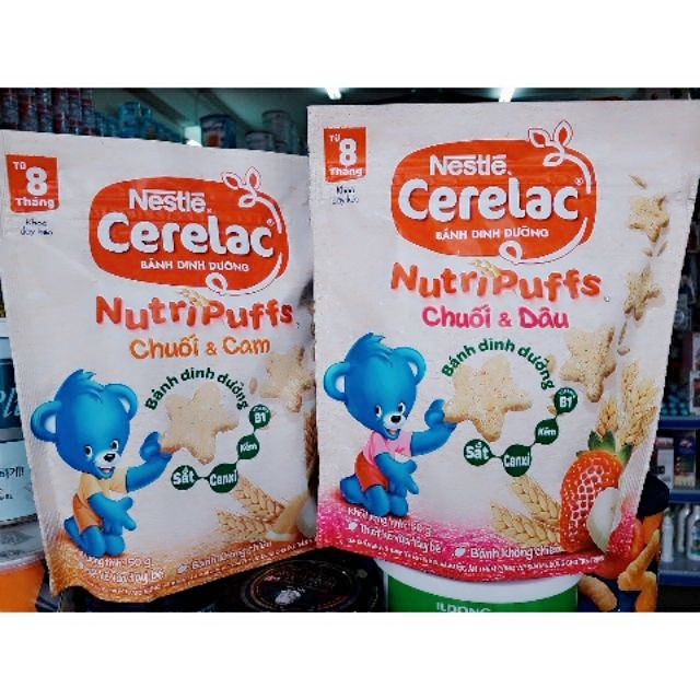 Bánh ăn dặm nestlé cerelac nutripuffs vị chuối dâu- chuối cam - gói 50g