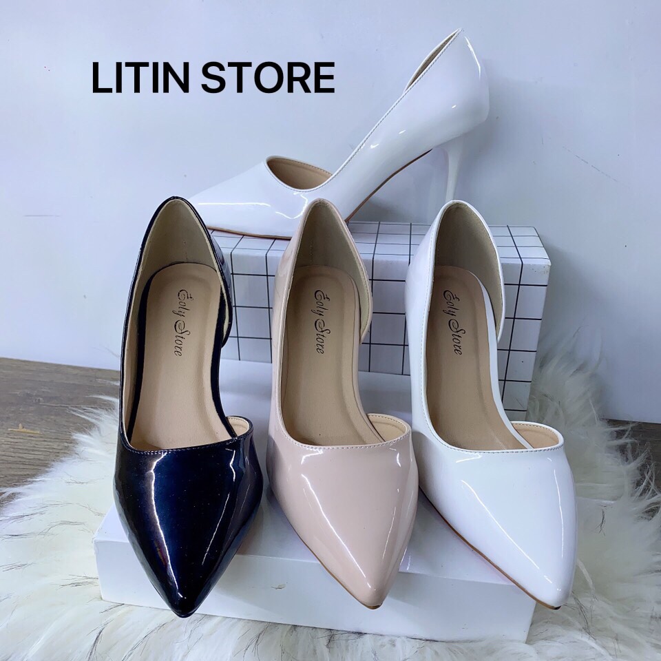 Giày cao gót thời trang nữ hở eo, 7 phân 3 màu trắng, đen, nude, guốc cao gót mũi nhọn LITIN STORE