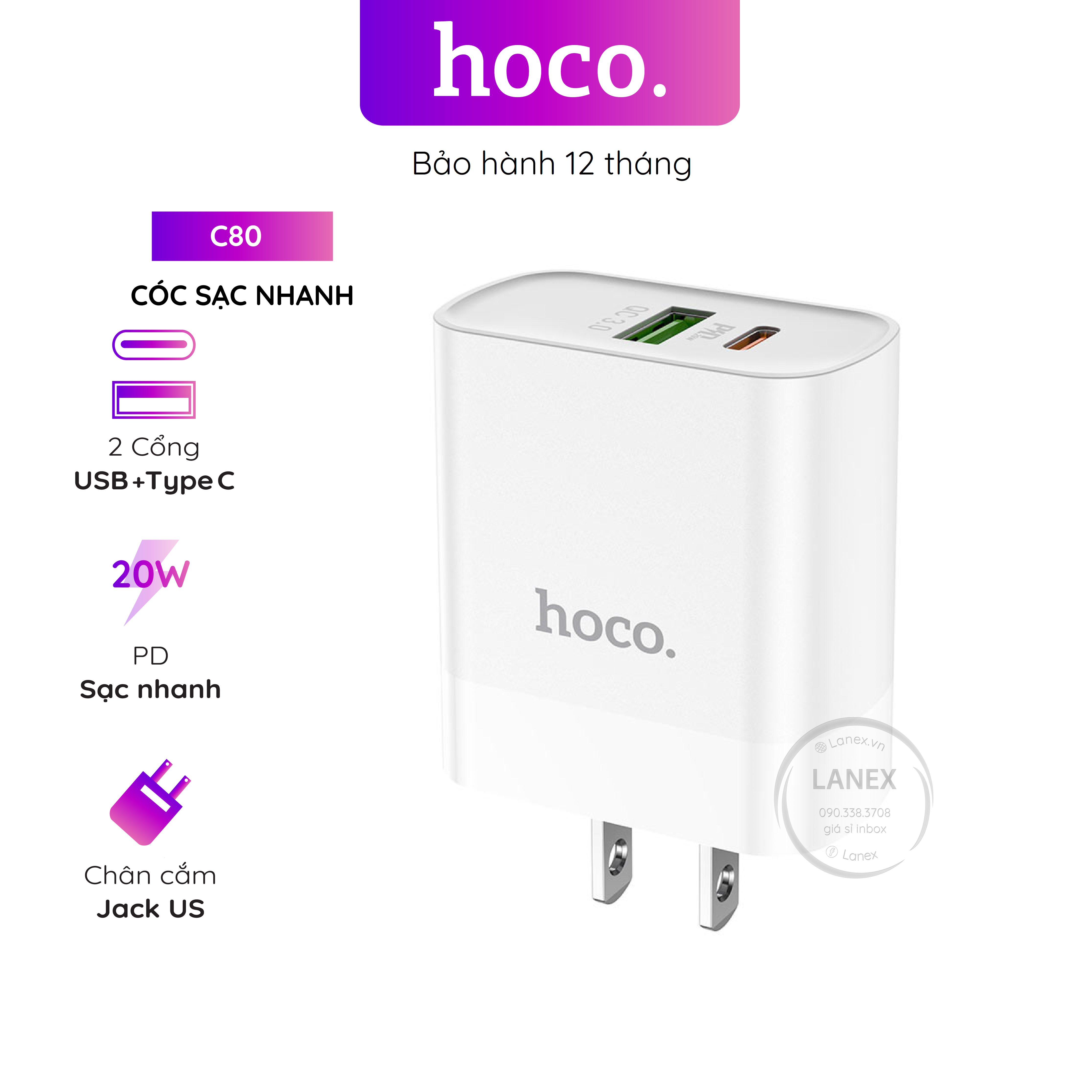 Cóc sạc nhanh hoco c80 1 cổng usb 3.0a pd qc3.0 20w