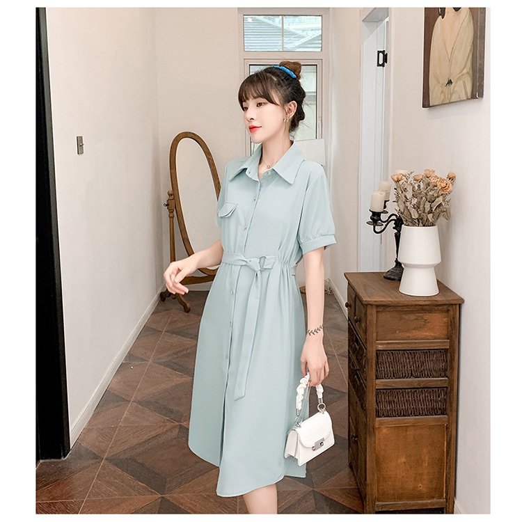 Đầm suông dáng dài cổ sơ mi kèm đai, váy bầu công sở năng động cá tính