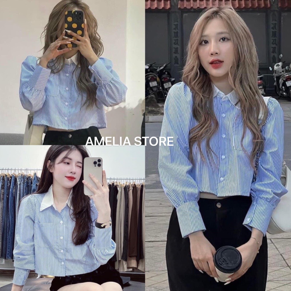 Áo sơ mi croptop kẻ sọc xanh phối cổ trắng chất đũi xốp- áo sơ mi dáng ngắn kẻ- áo croptop cổ đức, áo sơ mi kiểu, sơ mi dài tay dáng ngắn ulzzang, áo sơ mi tiểu thư đi học đi chơi hottrend hàn quốc, AMELIA