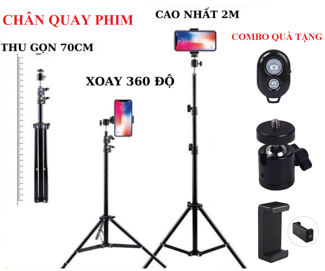 [MIỄN PHÍ GIAO HÀNG] - Tripod gậy chụp hình 3 chân dài 70 - 200cm tăng giảm tùy ý (Tặng kèm Remote bluetooth và đầu kẹp điện thoại) - Gậy livestream - Chân quay tik tok, chân đèn livestream - Chân quay phim, gậy tự sướng, gậy chụp hình