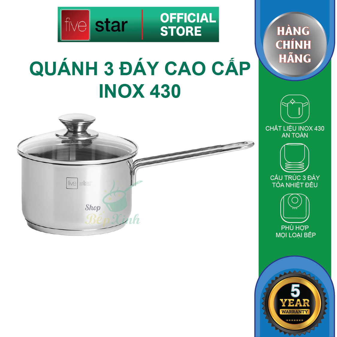 Quánh nấu cháo bột 3 đáy inox 430 Fivestar Standard nắp kính bếp từ (12cm / 14cm / 16cm )