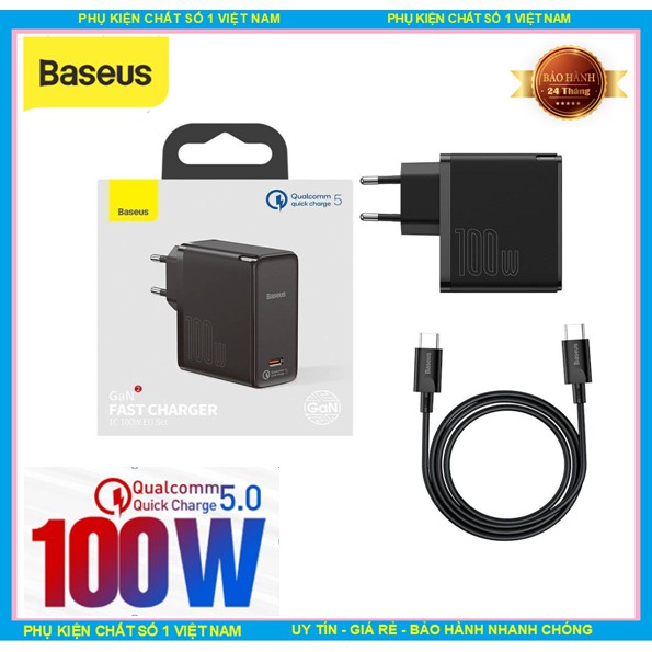 Bộ sạc nhanh BASEUS GaN2 1C 100W Bộ cáp cắm (với Cáp Type-C đến Type-C 100W (20V / 5A) 1,5m)