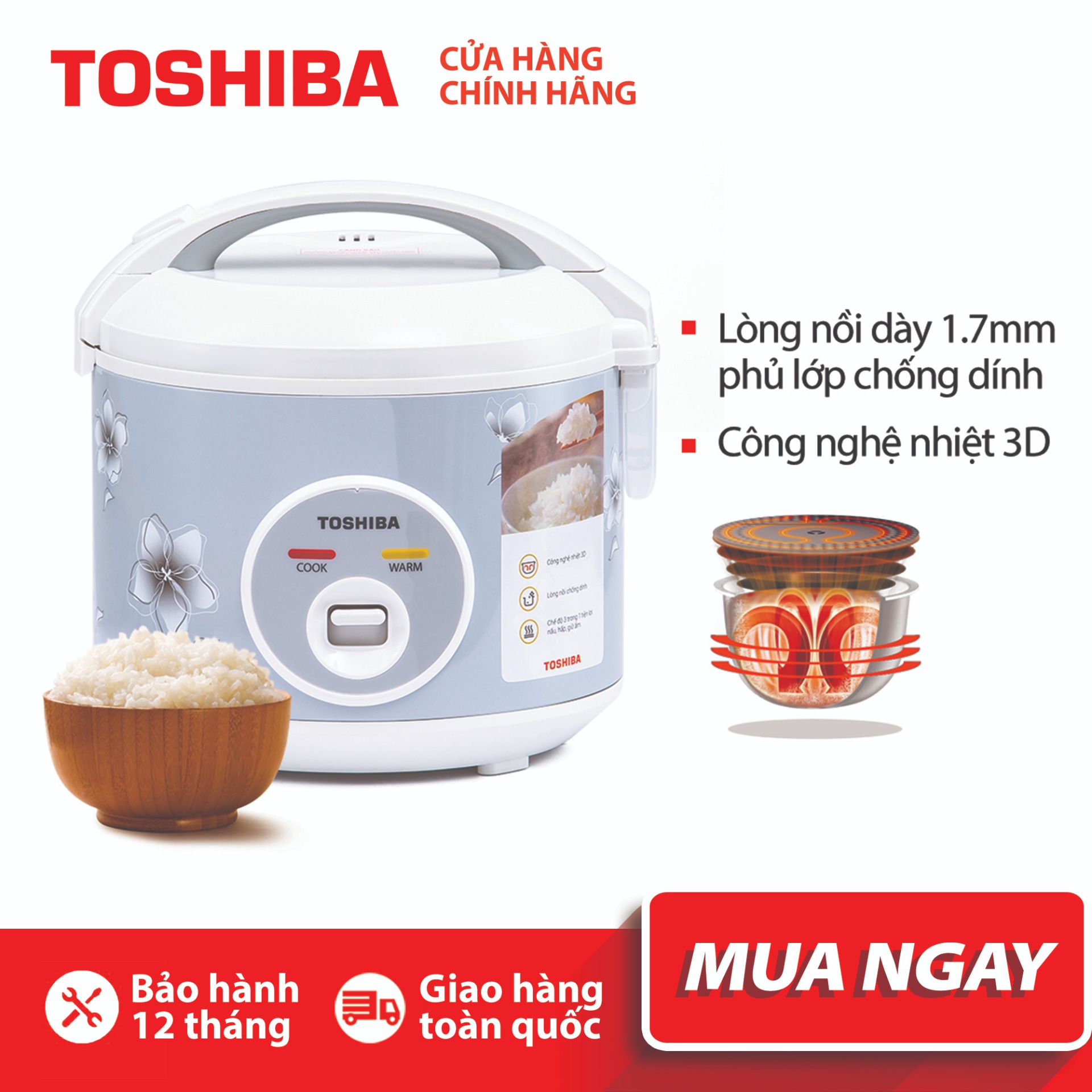 [HCM]NỒI CƠM ĐIỆN NẮP GÀI TOSHIBA RC-10JFM(H)VN - 1.0L - Lòng nồi dày 1.7mm chống dính - Công nghệ nhiệt 3D - Hàng chính hãng bảo hành 12 tháng