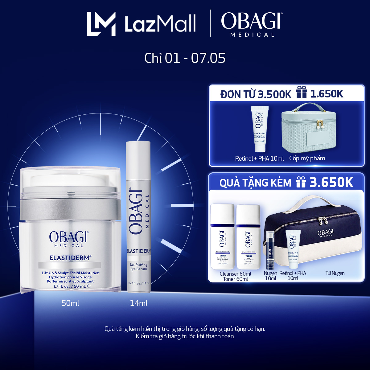 Bộ đôi Kem Dưỡng Làm Săn Chắc Làm Mờ Nếp Nhăn ELASTIDERM® 50ml và Tinh Chất Dưỡng Da Vùng Mắt Obagi ELASTIDERM® 14ml