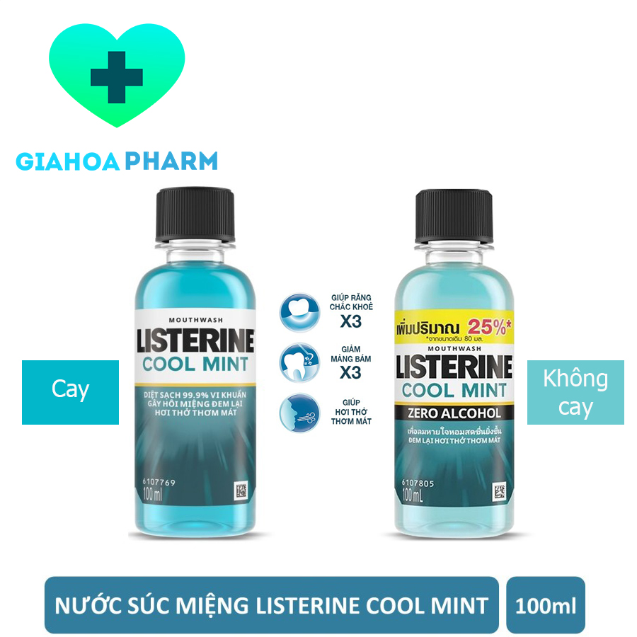 Nước súc miệng Listerine Cool Mint 100ml - Diệt khuẩn, hương bạc hà khử mùi, hơi thở thơm mát