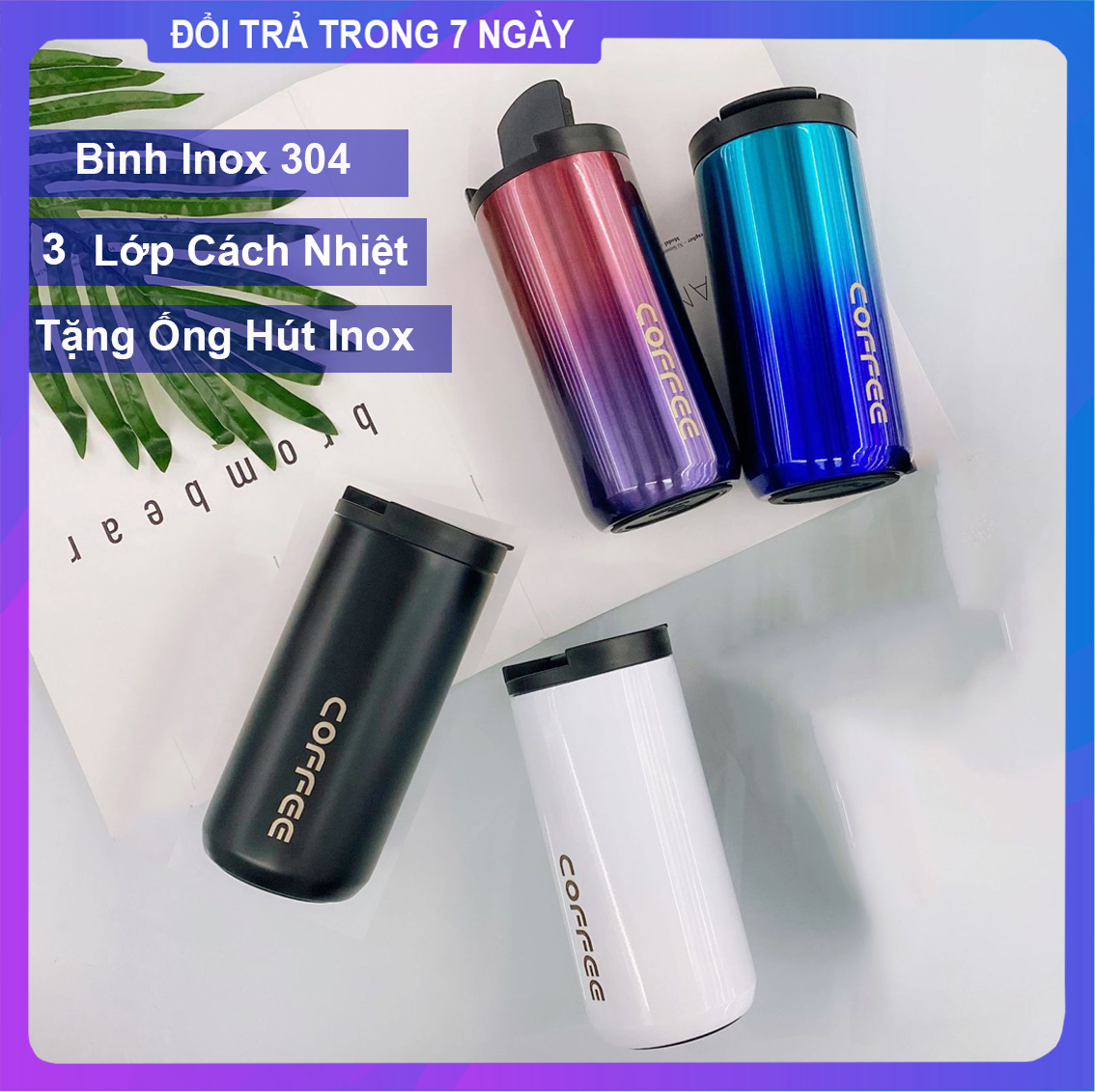 Bình Giữ Nhiệt Coffee Tặng Ống Hút Inox | Ly Giữ Nhiệt Đựng Cafe Thép Không Gỉ 304 Dung Tích 350ml/500ml Bình Đựng Nước Giữ Ấm