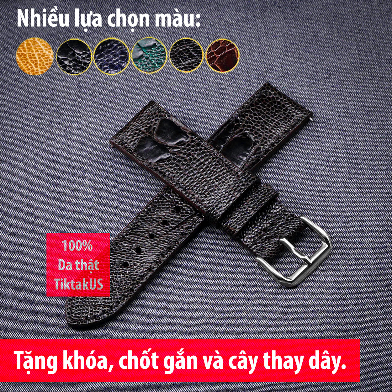 Dây đồng hồ nam da đà điểu thật khóa thép không gỉ TiktakUs - Nhiều màu đủ size 18mm - 19mm - 20mm - 21mm - 22mm
