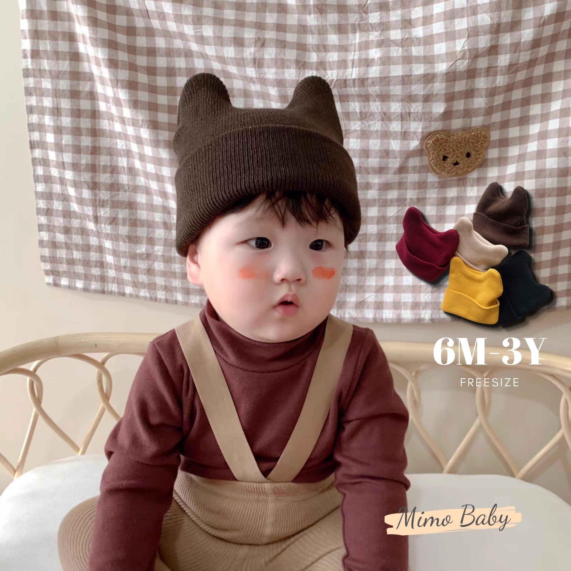 Mũ len dệt kim màu trơn 2 tai cho bé 6m-3y mimo baby ml51