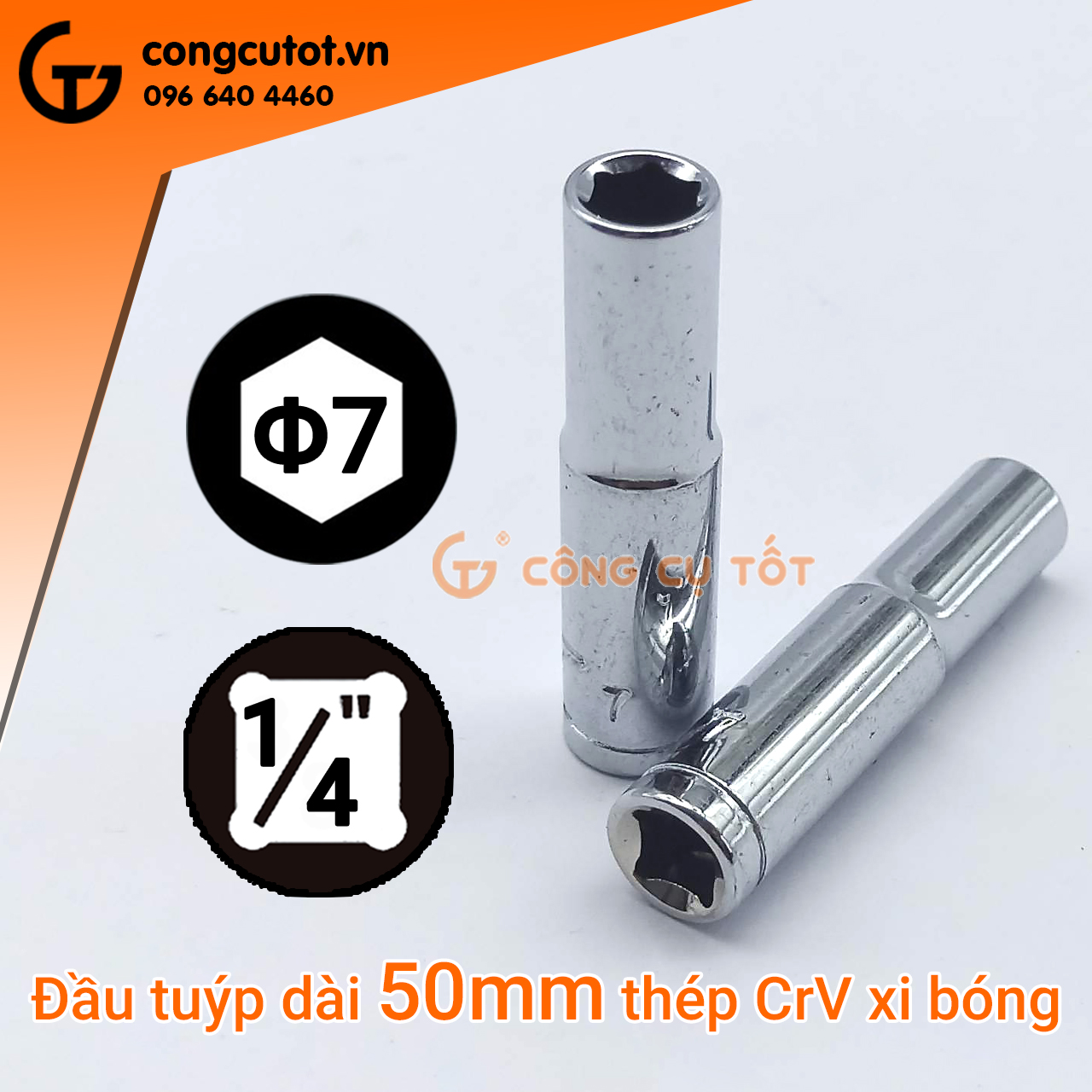Đầu tuýp - đầu khẩu lục giác 1/4 inch dài 50mm thép CrV xi bóng