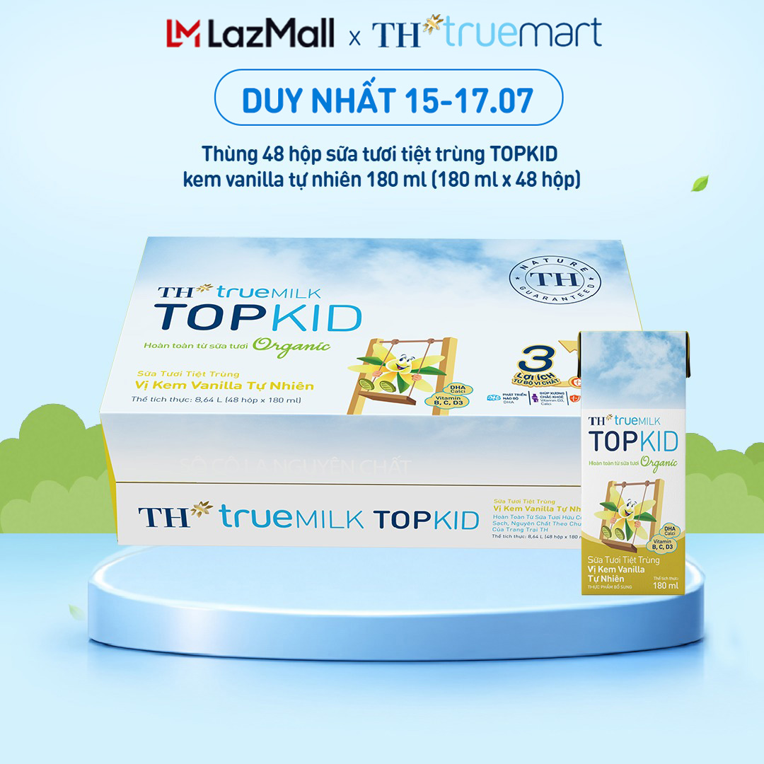 Thùng 48 hộp sữa tươi tiệt trùng TOPKID kem vanilla tự nhiên TH true MILK 180ml